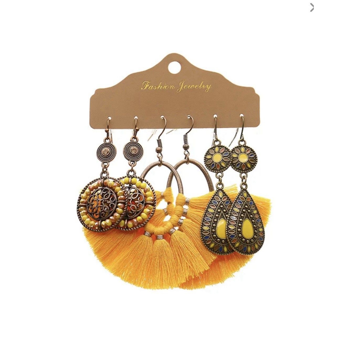 Set Of 3 Mustard Yellow Dangle Fashion Boho Earrings